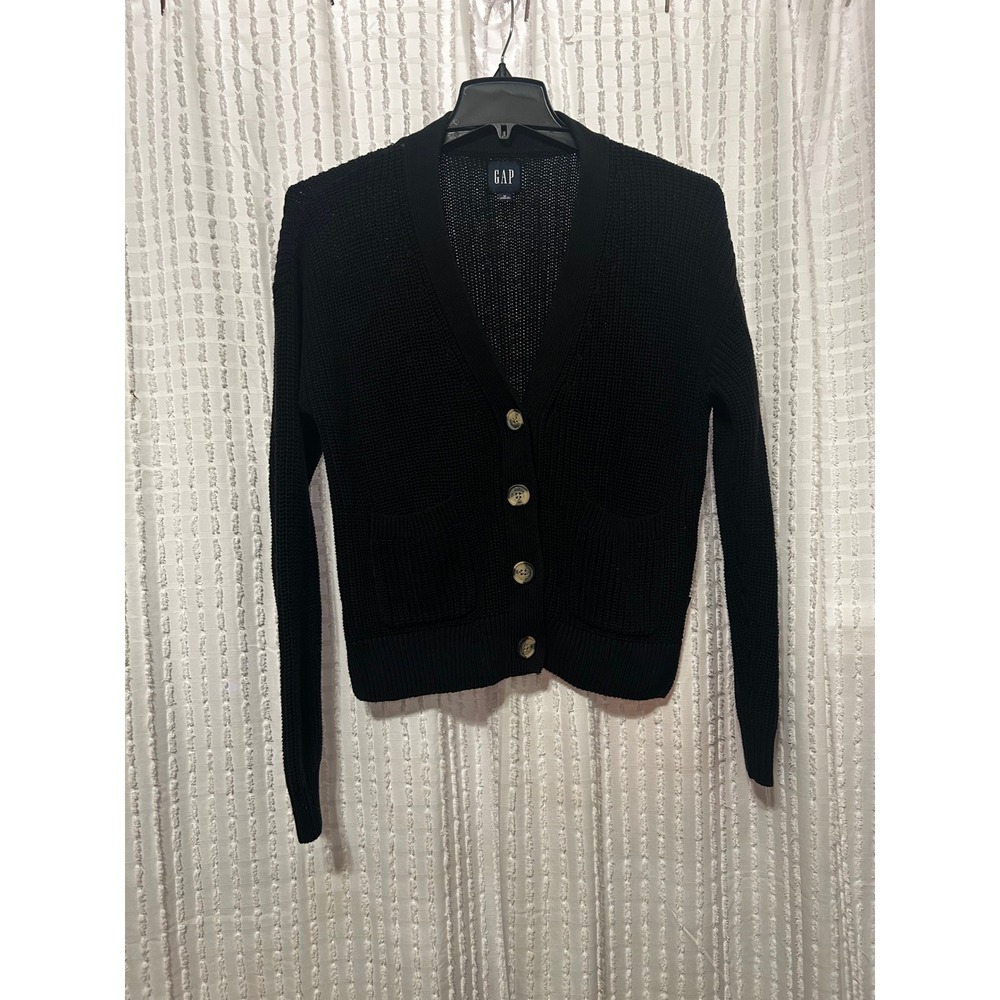 Gap Cardigan Women Medium Black Excellent Shaker Stitch V-Neck Button Front